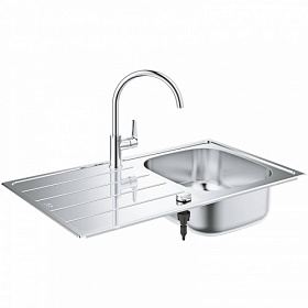 Мойка для кухни со смесителем (комплект) Grohe K200 45-S 86/50 31562SD1 прямоуг. 86х50 глуб. 16см (толщ.0,8мм) вып. 3 1/2" (врезная) крыло универсал Водяной